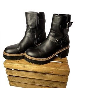 ESPIRIT Black Moto Ankle Boots Lug Sole Buckle Detail Women's Size 10M‎